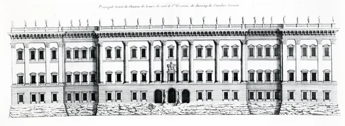 Tercer proyecto para el Palacio del Louvre, París: alzado de la fachada este y entrada principal al palacio por el lado de Saint-Germain, 1665